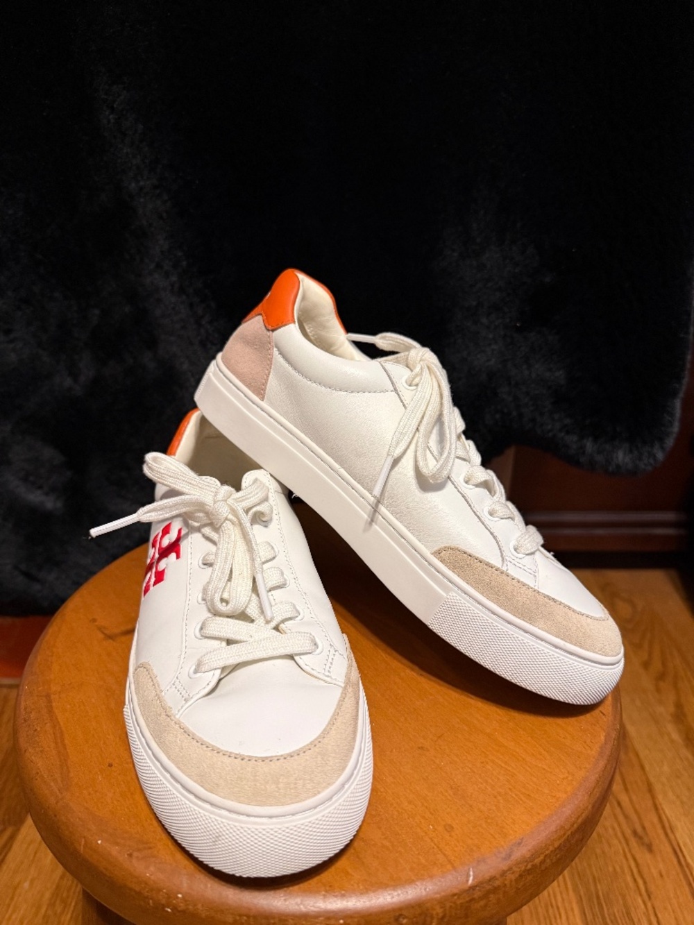 Tory Burch Howell court sneakers white with orange - red logo and suede details